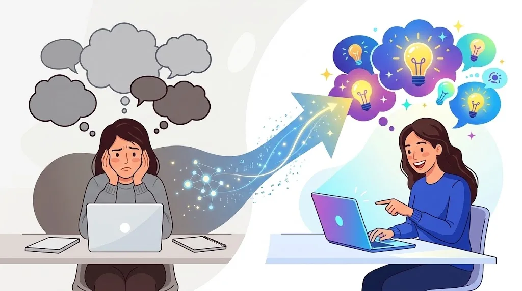 Before and after illustration of overcoming creative block with AI