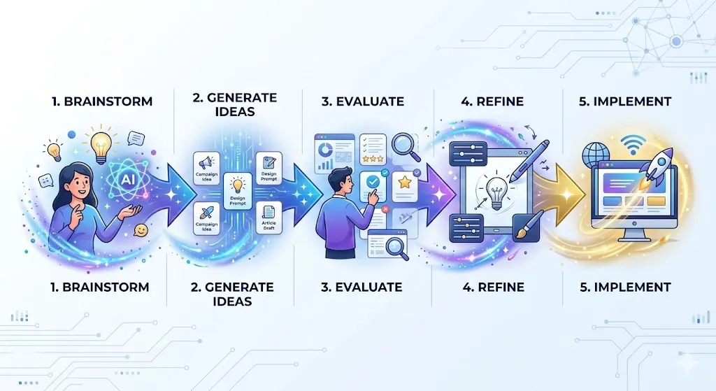 Step-by-step brainstorming process flow with AI assistance